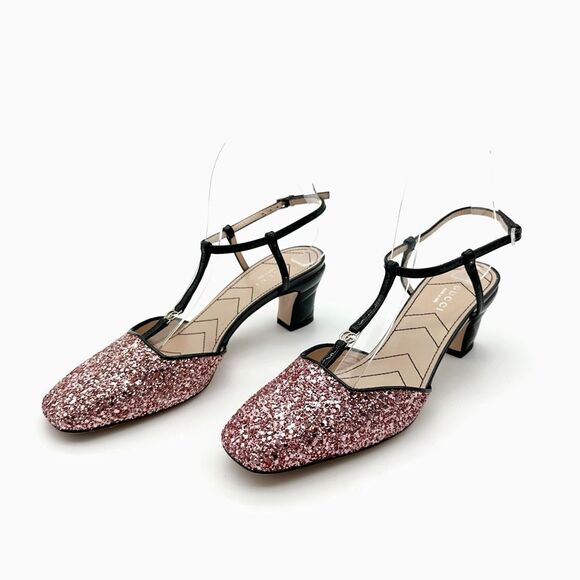 GUCCI Pink Glitter T-Strap Embellished Size 37.5 US 7.5 Leather GG Marmont - Picture 13 of 14
